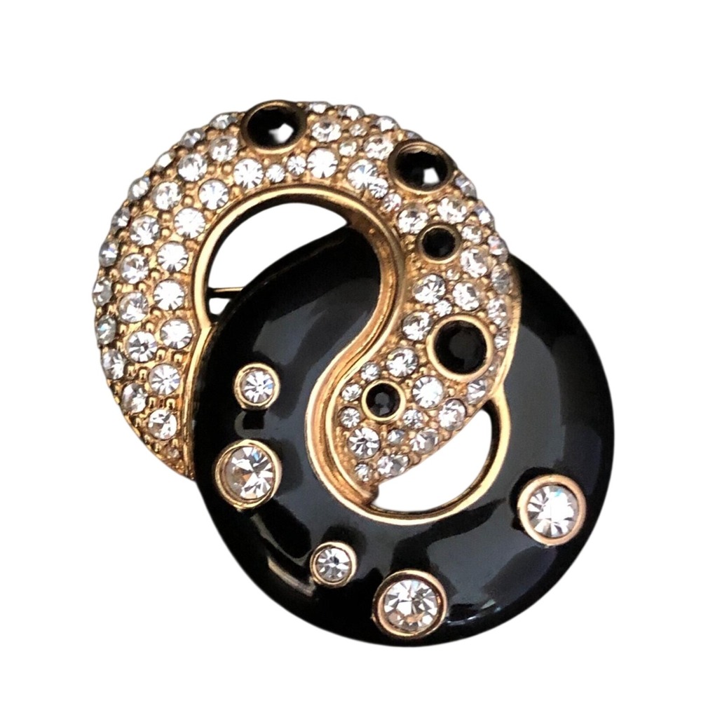 SWAROVSKI sign Swan Crystal Rhinestone Black Enamel Dbl‎ Circle Brooch Gold 2"